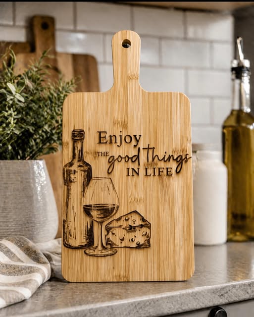 Bamboo cutting board engraved with wine, cheese and 'Enjoy the good things in life'
